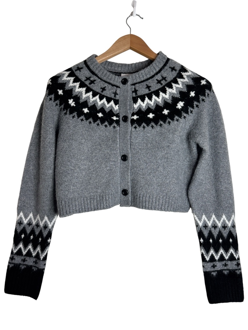 Willow & Wind Grey Button-Front Cropped Cardigan Nordic Fair Isle Winter size S